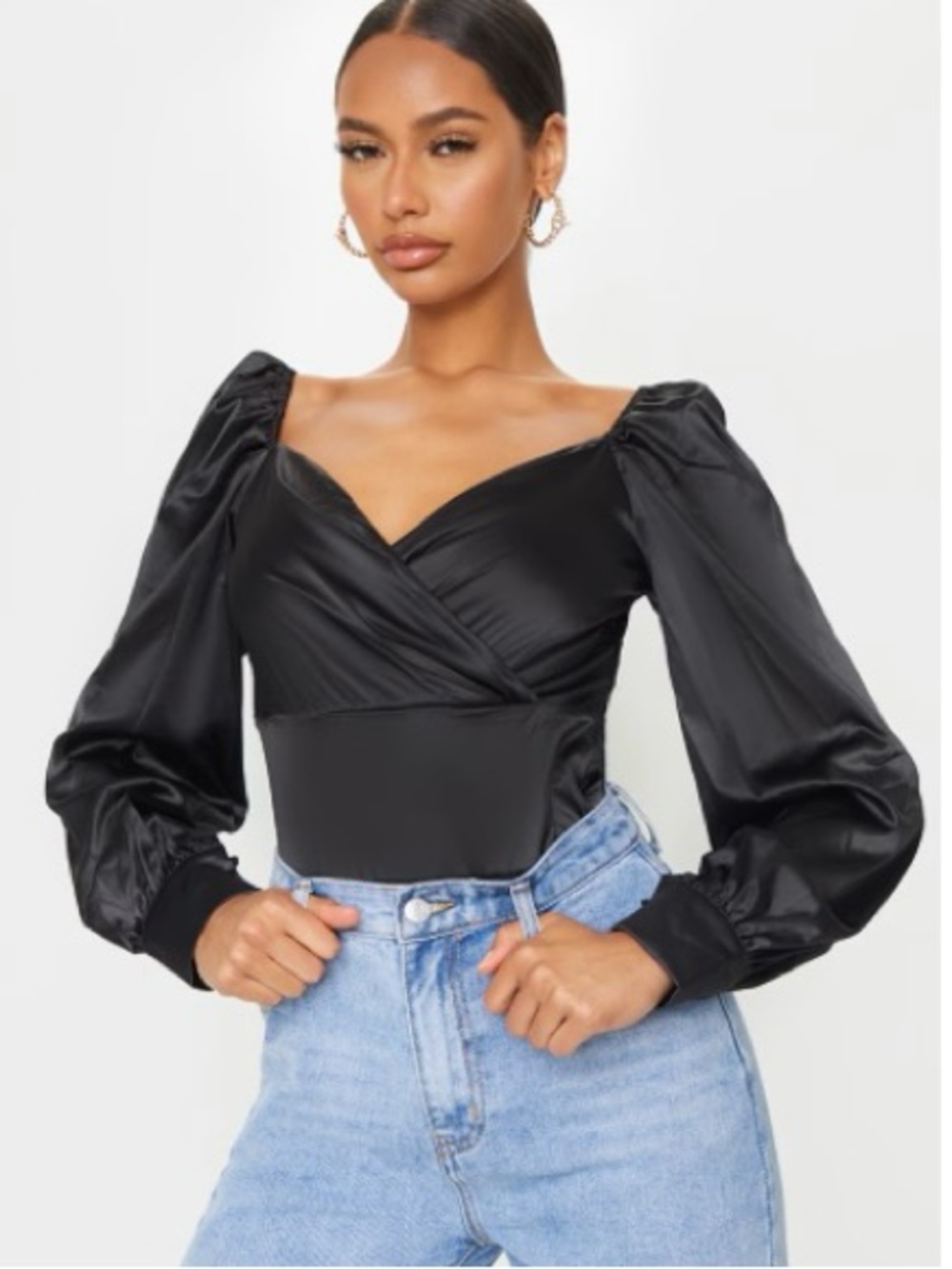 PrettyLittleThing Black Satin Wrap Bodysuit Puff Sleeve Long Sleeve Size 10